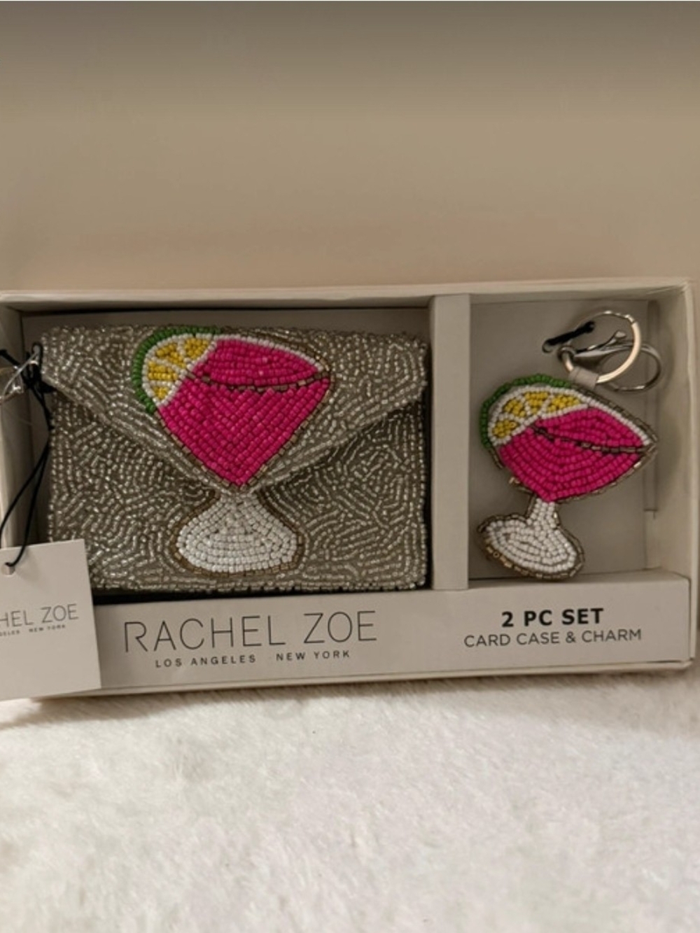 Rachel Zoe Silver Beaded Card Case & Pink Cocktail Charm Set